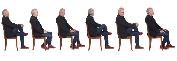 同じ男がスニーカージーンズとブレザーで椅子に座っている様々なポーズを白を背景に — ストック写真