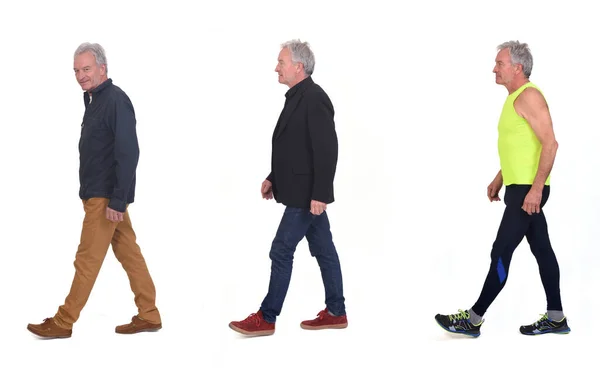 Side View Same Men Various Outfits Walking White Background — Stock Photo, Image