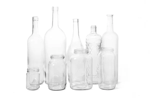 Grupo Botellas Vidrio Frascos Sobre Fondo Blanco —  Fotos de Stock