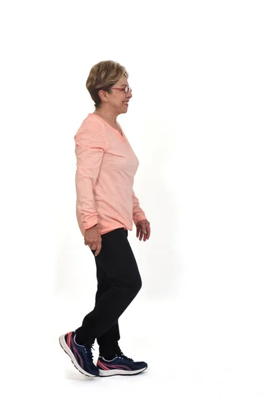 Side View Senior Woman Walking White Background — 스톡 사진