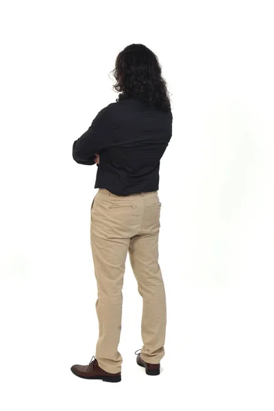 Back Side View Man Long Hair Arms Crossed White Background — 스톡 사진