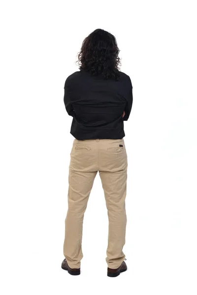 Back View Man Long Hair Arms Crossed White Background — Stok fotoğraf