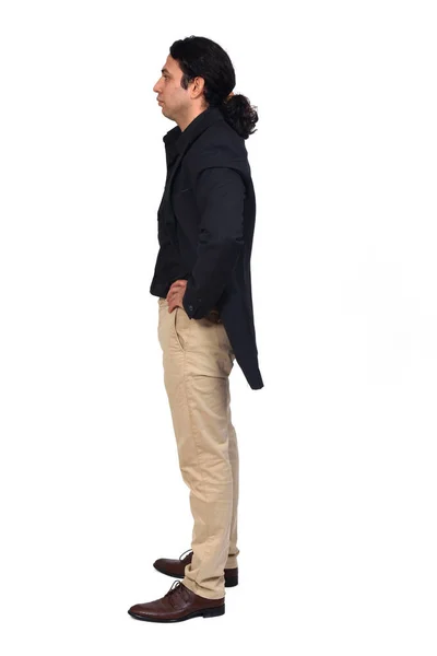 Vista Lateral Homem Sério Com Camisa Sapatos Blazer Fundo Branco — Fotografia de Stock