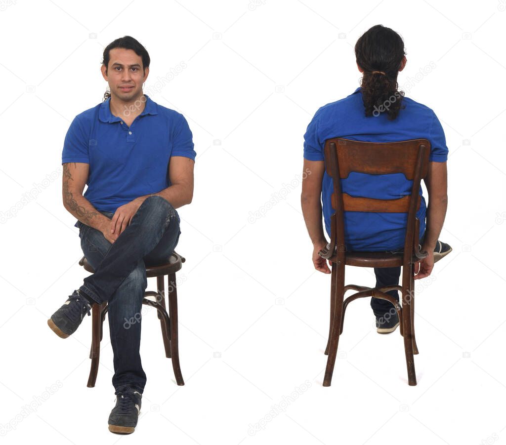 back and front view of a seated man with ponytail on white background