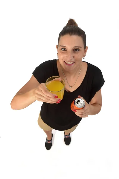 Woman Holding Glass Orange Soda White Background — Fotografia de Stock