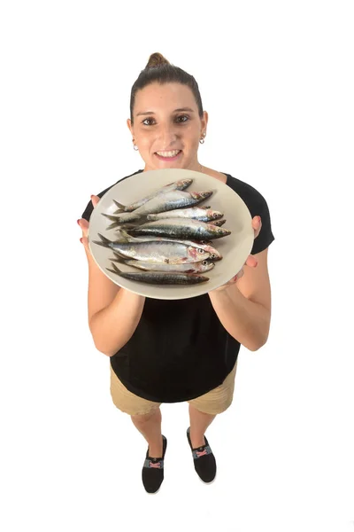 Woman Showing Plate Sardines — Fotografia de Stock