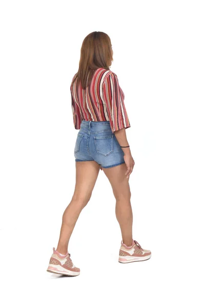 Back Side View Women Shorts Sneakers Walking White Background — 스톡 사진