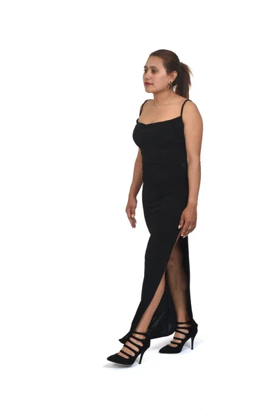 Vista Lateral Retrato Completo Uma Mulher Com Vestido Sapatos Salto — Fotografia de Stock