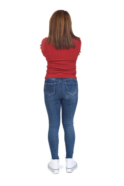Rear View Woman Arms Crossed White Background — Stock Photo, Image