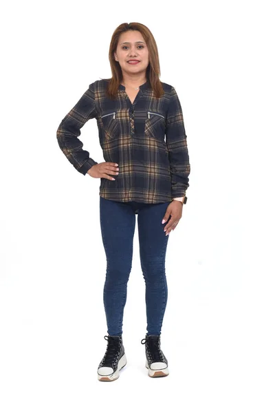 Vista Frontal Retrato Completo Una Mujer Con Jeans Brazo Zapatilla — Foto de Stock
