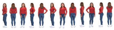 large group of same women on white background