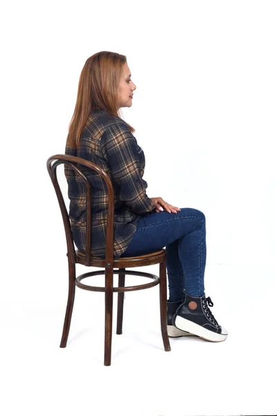 Back Side View Woman Sitting Chair White Background — Stockfoto