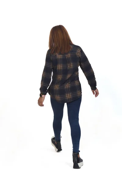 View Woman Walking Fast Long Step White Background — Stok fotoğraf