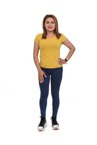 Front View Woman Slim Jeans White Background — Stockfoto