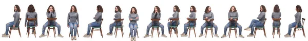 Ίδια Γυναίκα Κάθεται Καρέκλα Λευκό Φόντο — Φωτογραφία Αρχείου