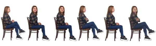 Seitenansicht Derselben Frau Auf Stuhl Auf Weißem Hintergrund — Stockfoto