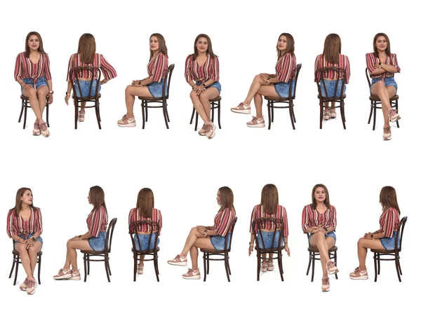 Portraits Same Woman Sitting Various Poses White Background — Fotografia de Stock