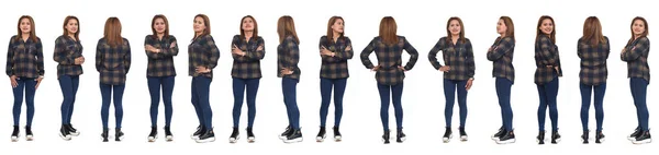 Various Poses Same Women Dressed Jeans Shirton White Background — 스톡 사진