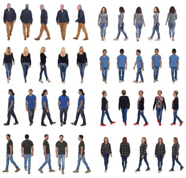 large group of people walking on white background