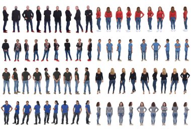 large group of people various poses on white background