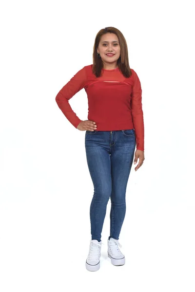 Vista Frontal Retrato Completo Uma Mulher Com Jeans Sapatilha Olhando — Fotografia de Stock