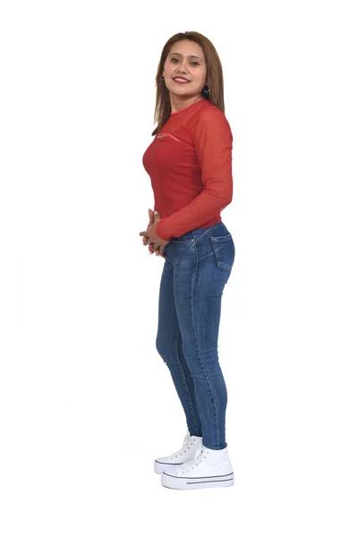 Vista Lateral Retrato Completo Uma Mulher Com Jeans Sapatilha Olhando — Fotografia de Stock