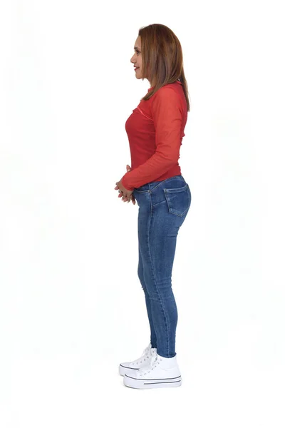 Side View Full Portrait Women Jeans Sneaker White Background — 스톡 사진