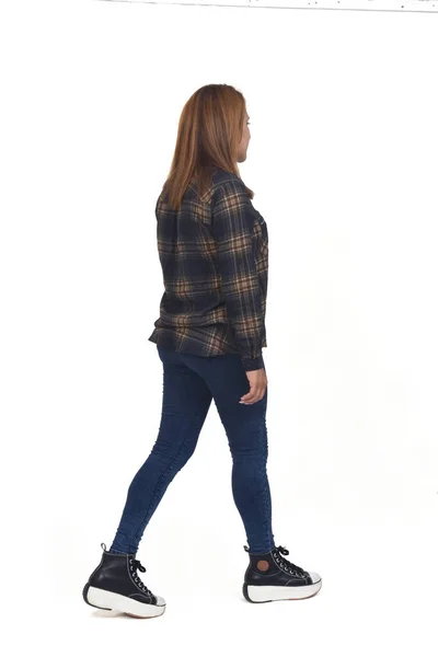 Back Side View Woman Walking White Background — 图库照片