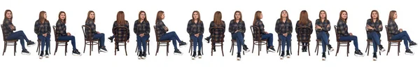 Linie Skupina Stejné Ženy Sedí Židli Bílém Pozadí — Stock fotografie
