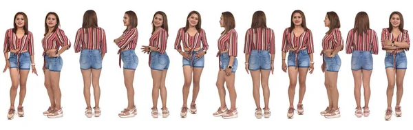 Large Group Various Poses Same Woman Sneaker Shorts White Background — Stockfoto