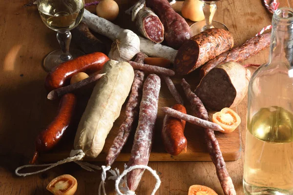 Elevated View Typical Spanish Sausages White Wine Wooden Table —  Fotos de Stock