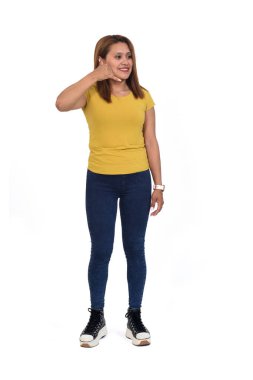 full portrait of a woman showing phone sign with fingers on white backgroung