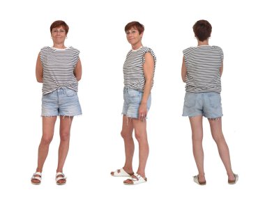 Front, back and side wiew of a middle aged woman on white background