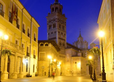 Sunset at the Cathedral of Santa Mara de Mediavilla and the Mudejar tower of the Cathedral Teruel  Aragon, Spain