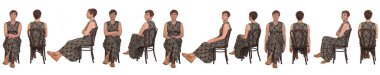 line of Group of same middle aged women various poses sitting on chair on white background