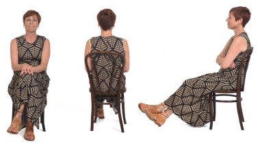 front, back and side view  same middle aged women sitting on chair on white background