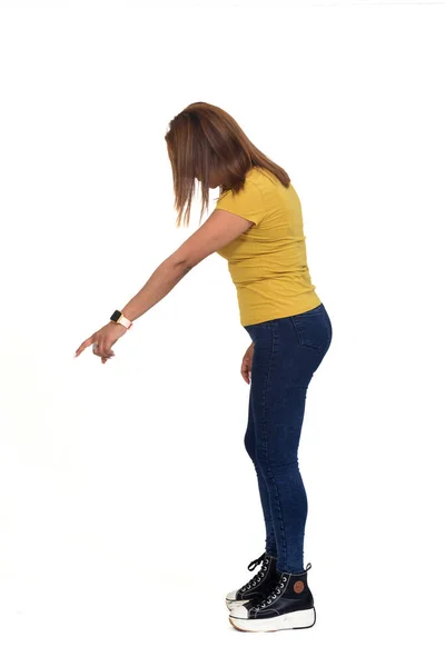 Full Portait Woman Pointing Floor White Background — Fotografia de Stock