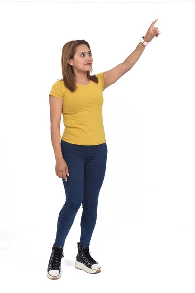 Full Portait Woman Pointing White Background — Stock fotografie