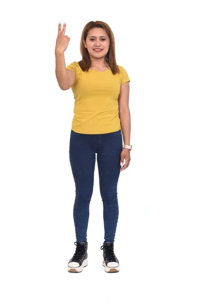 Full Portrait Woman Two Finger Raising White Background — Fotografie, imagine de stoc