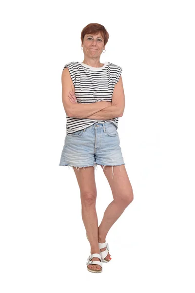 Front View Full Portrait Middle Aged Woman Looking Camera Arms — Stockfoto