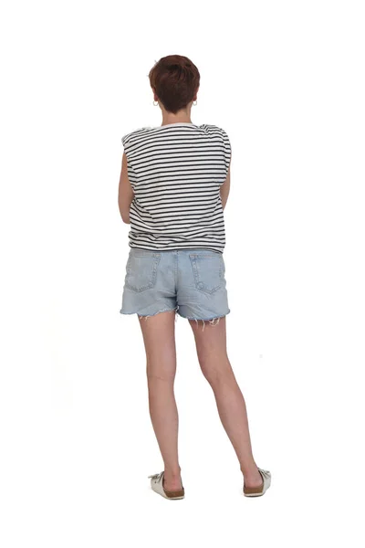 Rear View Full Length Portrait Woman Summer Clothes Arms Crossed — 스톡 사진
