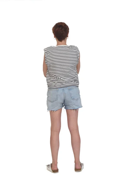 Rear View Full Length Portrait Woman Summer Clothes Arms Crossed — Stockfoto