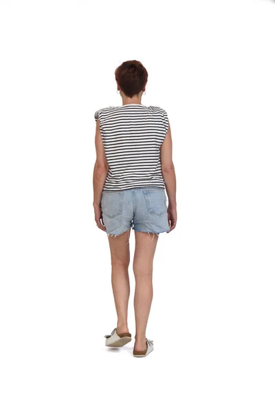 Back View Full Portrait Middle Aged Woman Walking White Background — 스톡 사진