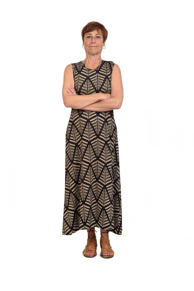 Full Front View Middle Aged Woman Looking Camera Arms Crossed — Stock Photo, Image
