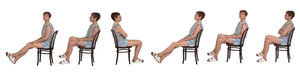 Πλαϊνή Όψη Της Ίδιας Γυναίκας Καθιστή Καρέκλα Διάφορες Στάσεις Λευκό — Φωτογραφία Αρχείου