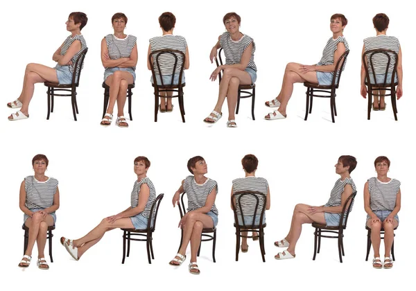 Large Grop Same Woman Sitting Chair Various Poses White Background — Foto de Stock