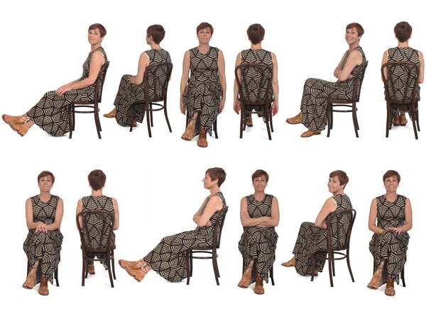Group Same Middle Aged Women Various Poses Sitting Chair White — Fotografia de Stock