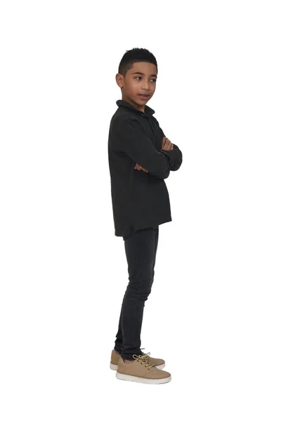 Side View Teen Looking Away Arms Crossed White Background — Fotografie, imagine de stoc