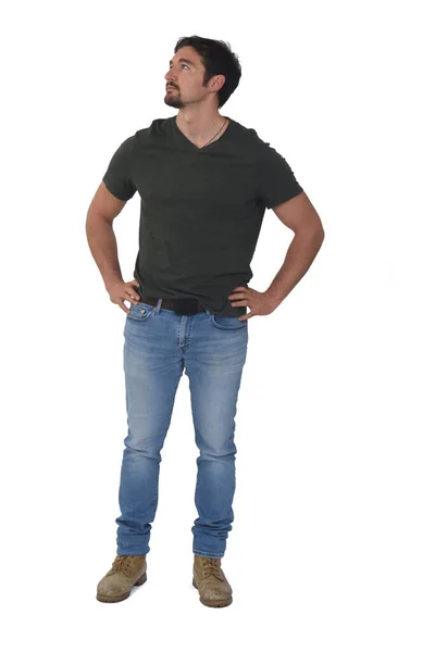 Fulll Portrait Man Looking Arms Akimbo White Background — Foto Stock