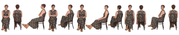 Line Group Same Middle Aged Women Various Poses Sitting Chair — Fotografia de Stock